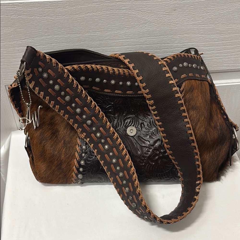 American West Vintage Studded Crossbody Messenger Leather Women Bag - Picture 3 of 16